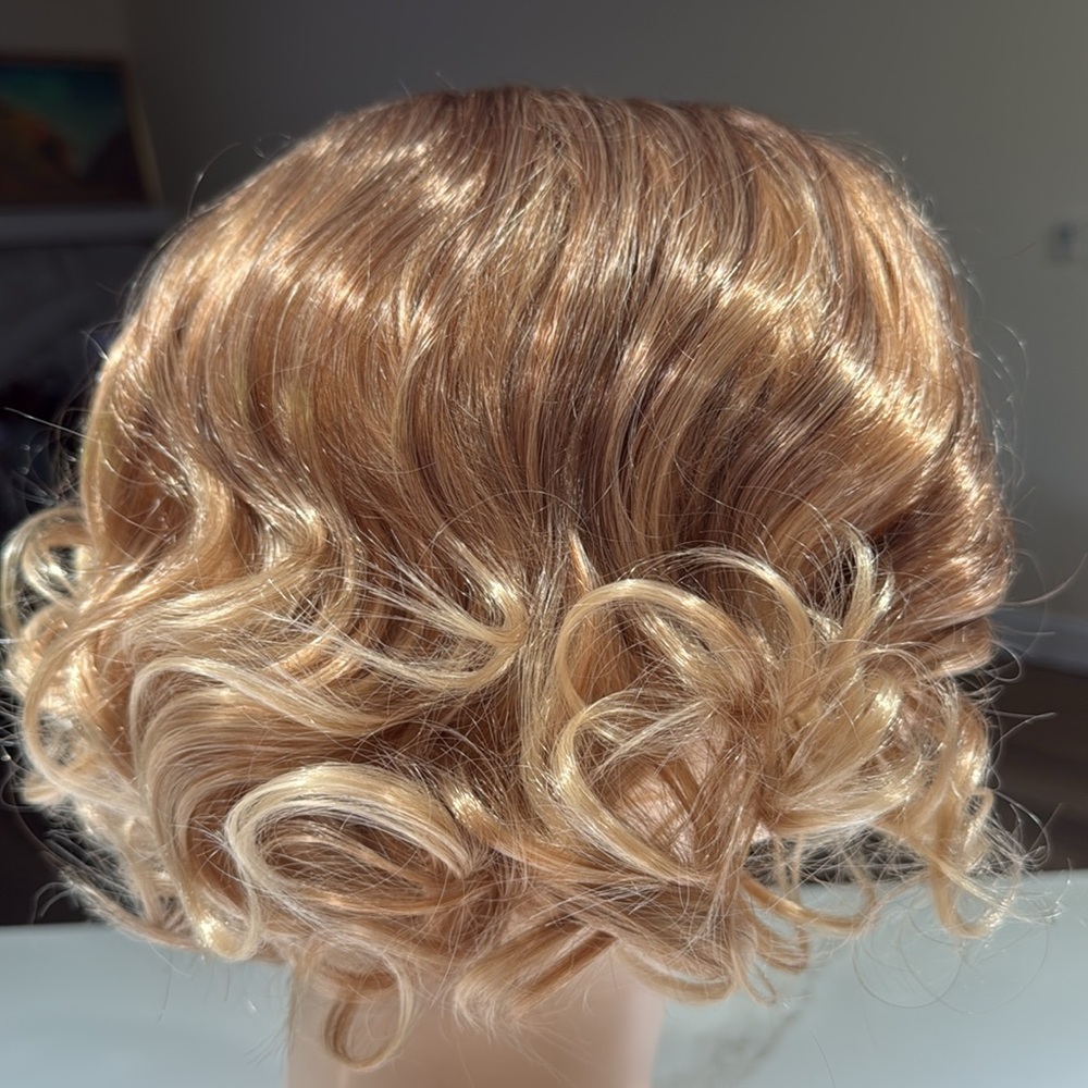 HAIR, 10-12” Loose Curls, Off Center Part, Swoop Bangs, Light Brown/Dark Blonde